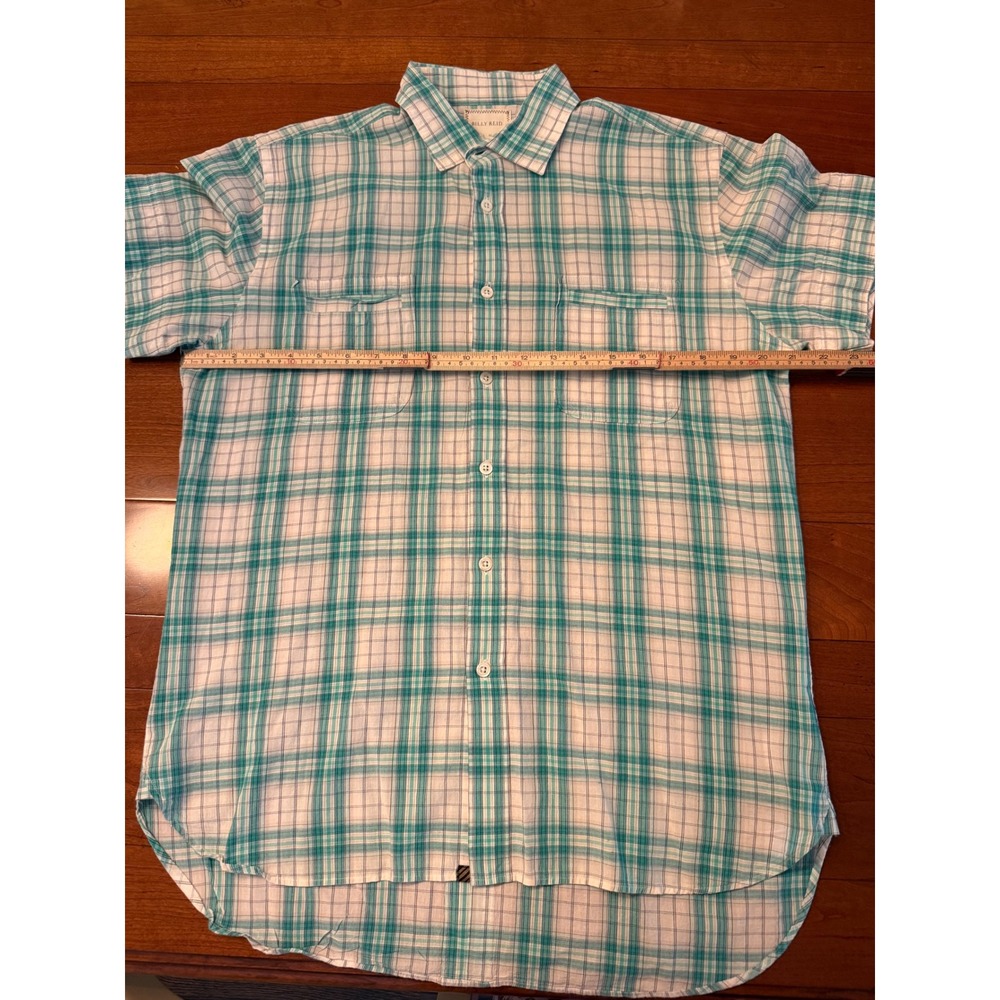 Billy Reid Mens Teal White Plaid Short Sleeve Button Down Shirt Standard Cut M - Picture 5 of 6